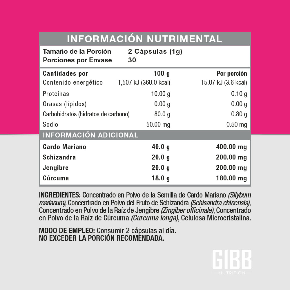 Información Nutrimental, Ingredientes, Dosis y Modo de Empleo. INGREDIENTES: Concentrado en Polvo de la Semilla de Cardo Mariano (Silybum marianum), Concentrado en Polvo del Fruto de Schizandra (Schisandra chinensis), Concentrado en Polvo de la Raíz de Jengibre (Zingiber officinale), Concentrado en Polvo de la Raíz de Cúrcuma (Cúrcuma longa), Celulosa Microcristalina. Dosis y Modo de Empleo: Consumir 2 cápsulas al día. No exceder la dosis recomendada.