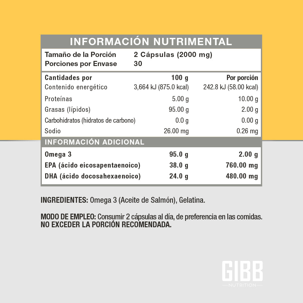 Información Nutrimental, Ingredientes, Dosis y Modo de Empleo. Ingredientes: Omega 3 (Aceite de Salmón), Gelatina.  Dosis y Modo de Empleo: Consumir 2 cápsulas al día, de preferencia en las comidas. No exceder la porción recomendada.